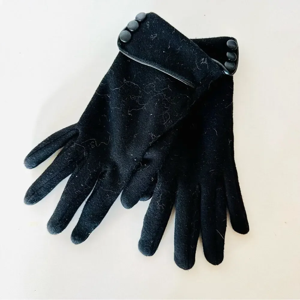 NORDSTROM Black Faux Leather Piping Button Trim Touch Sensitive Warm Hand Gloves